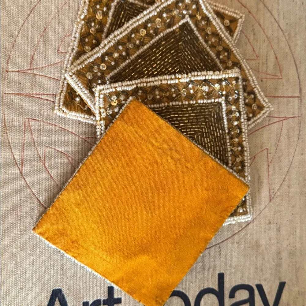 Gold Yellow Beaded Coaster's 4 pc Bohemian Boho